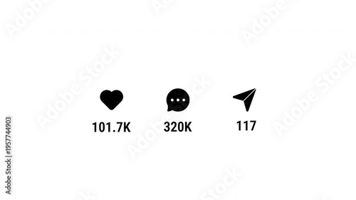 Social network engagement animation increasing likes comments reposts icons statistics counter numbers digital media