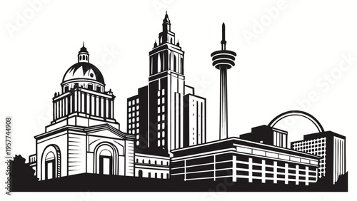 Monochrome City Skyline Silhouette Landmark Architecture Overview Distinctive Downtown Structures Profile kansas city skyline vector