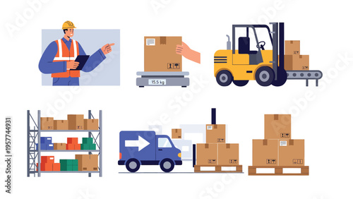 Logistics and Warehouse Operations Flat Vector Illustration Set