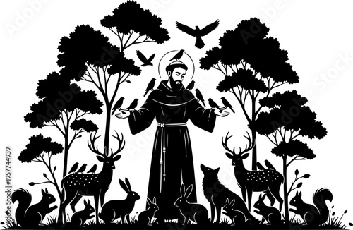 Silhouette Vector, Saint Francis of Assisi with Animals Vector Illustration – Christian Artwork of Saint in the Woods with Birds and Wildlife

