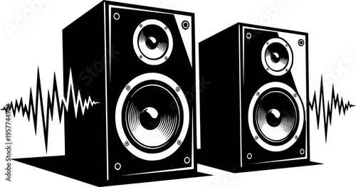 Black and white stereo speakers with a retro and bold illustration style
