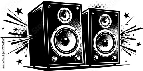 Black and white stereo speakers with a retro and bold illustration style
