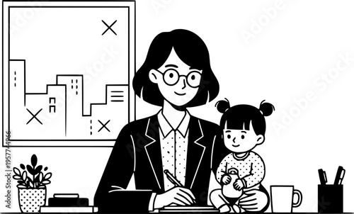 Working mother multitasking with laptop and baby carrier home office concept vector illustration black and white
