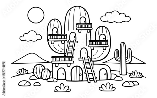 Whimsical cartoon cactus house with balconies and ladders in a desert landscape