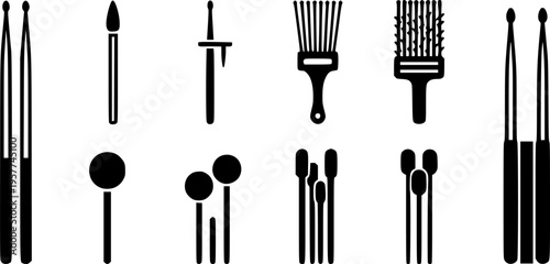 Drumsticks Icon Set. Solid, filled icon set of drumsticks types: wooden drumsticks, nylon tip sticks, brush sticks, mallets, rods, marching sticks, jazz