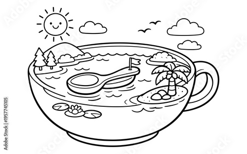 Whimsical teacup island scene with a boat and palm tree under a smiling sun