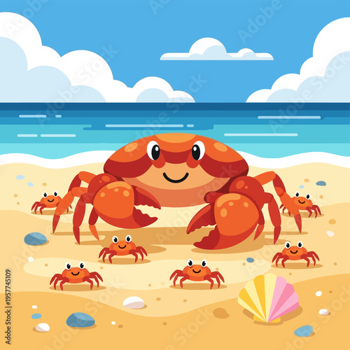 Red Crabs on Sandy Beach.