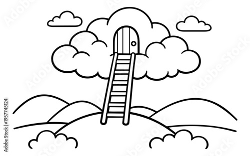 A whimsical ladder leads to a door in the clouds, inviting dreams and imagination