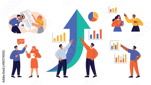 Business Growth Strategy & Data Analysis Team. Collaborative people analyzing charts, planning, and achieving success.