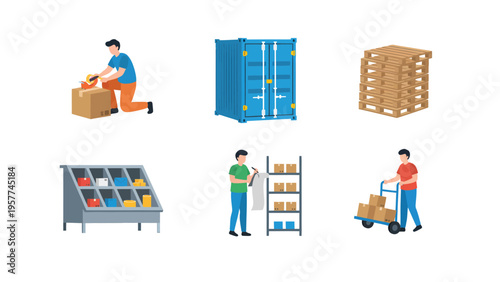 Logistics and Warehouse Operations Vector Set: Packing, Shipping, Storage, and Delivery Process Illustrations