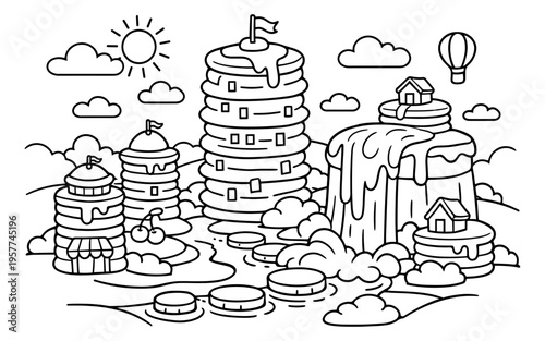 Whimsical pancake city landscape with syrup waterfalls and hot air balloon