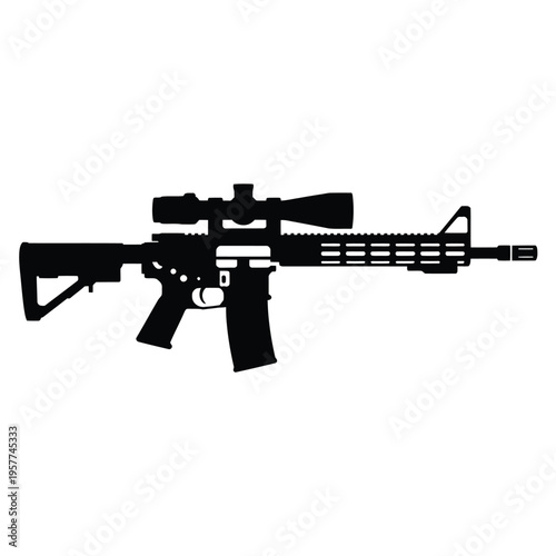 Black silhouette of a modern assault rifle with optic and accessories