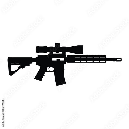 Silhouette of a modern assault rifle with scope on a white background