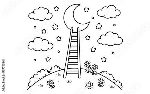 Cartoon ladder reaching for the moon among stars and clouds