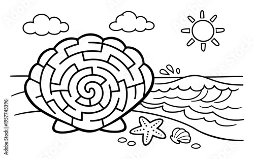 Seashell maze on a sandy beach with waves, sun, and clouds