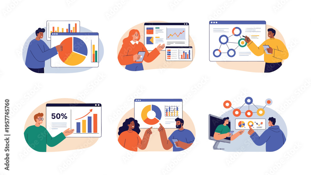 Fototapeta premium Data Analysis & Business Intelligence Concepts: People Working with Charts, Graphs & Reports. Digital Marketing & Financial Planning Illustrations.