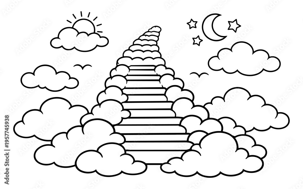 Naklejka premium Stairway to heaven illustration with clouds, sun, moon, and stars