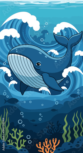 Whale Swimming Ocean Waves Underwater.