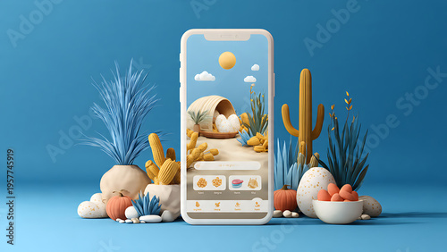 Digital Passover-Themed Smartphone Display with Desert Plants and Minimalist Clean UI Background in Modern Studio Environment