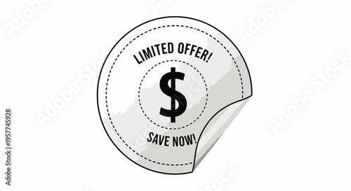 Sticker with dollar sign and text.