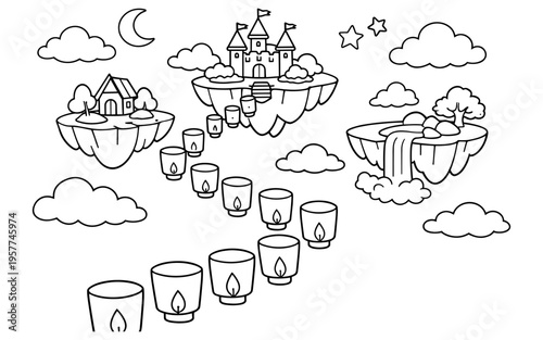 Whimsical floating islands with a castle, house, waterfall, and sky lanterns