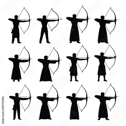 Silhouette series depicting archers drawing bows in various poses