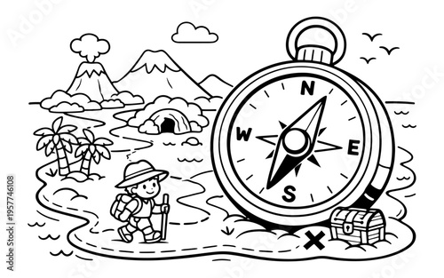 Cartoon explorer with backpack and compass on a treasure island adventure