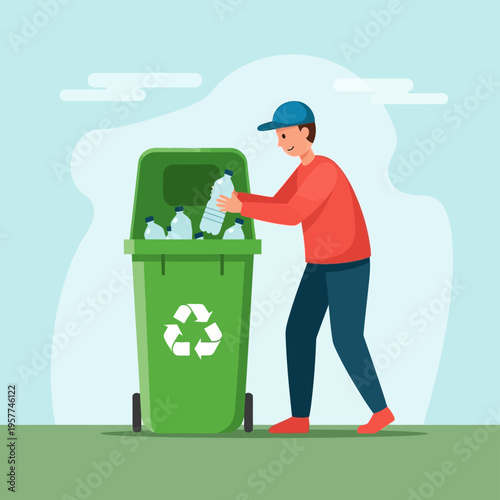 Man putting bottle in recycling.