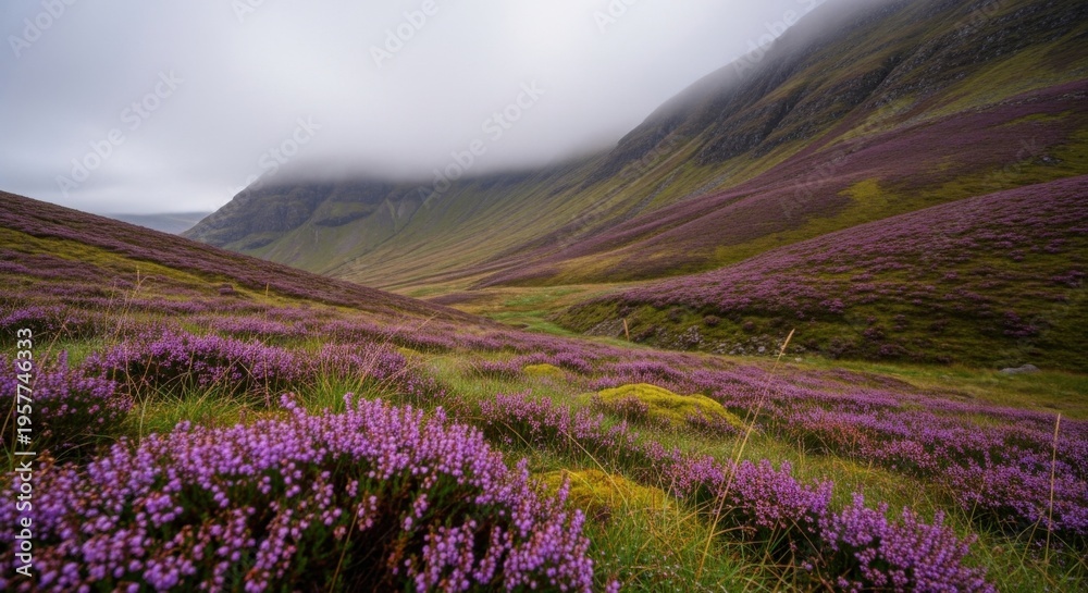 Obraz premium Heather Covered Highlands Under Misty Mountain Peaks A Captivating Natural Vista