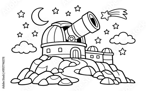 Observatory dome with telescope under starry night sky and crescent moon