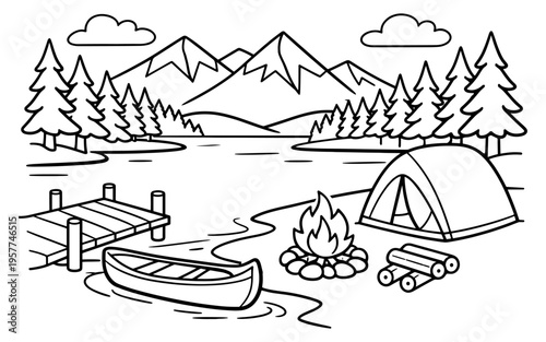 Serene lakeside camping scene with mountains, trees, tent, campfire, and canoe
