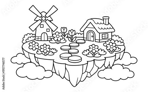 Whimsical floating island with windmill, house, and flowers