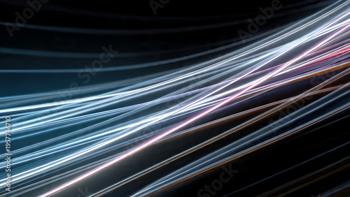 Abstract light streaks pass over dark background, showcasing modern digital motion and dynamic energy in a graphic design environment