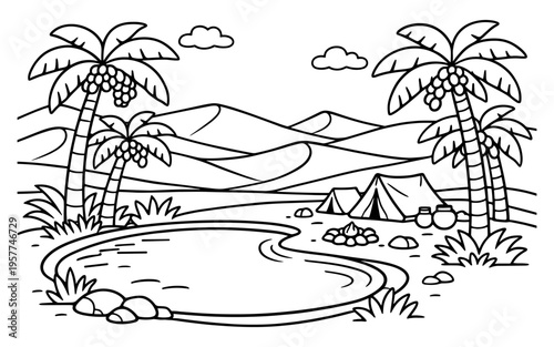 Desert oasis scene with palm trees, tents, and a watering hole