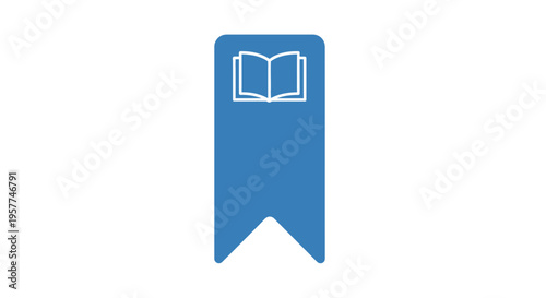 Blue bookmark with white book icon.