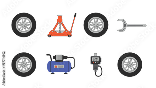 Car Tire Repair & Maintenance Tools Set. Automotive Service Equipment: Wheels, Jack, Compressor, Wrench, Tire Pressure Gauge