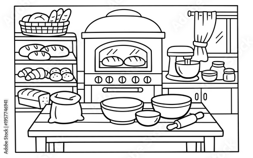 Whimsical bakery scene with oven, mixer, and fresh baked goods displayed