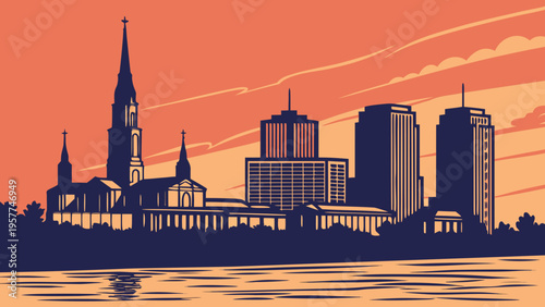 Cityscape Silhouette Against Sunset Sky with Steeple and Modern Towers at Waterfront new orleans skyline vector