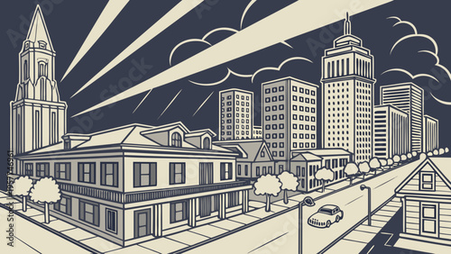 Urban cityscape perspective drawing featuring historic architecture mixed with modern high rise buildings under dramatic sky light rays new orleans