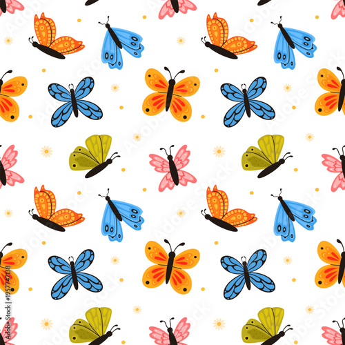 Seamless pattern with cute butterflies and flowers. Spring insect set.