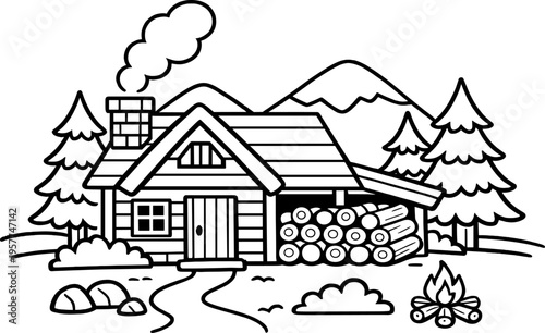 Cozy log cabin in the mountains with smoke coming from the chimney