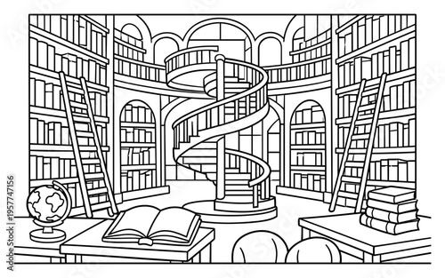 Intricate library interior with spiral staircase and towering bookshelves