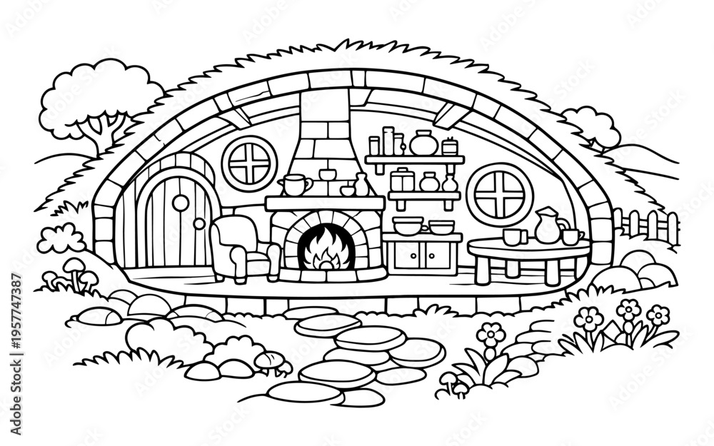 Obraz premium Cozy hobbit hole interior with fireplace and round door, a charming dwelling