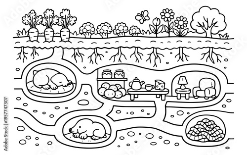 Cute cartoon moles living in their underground burrows with food and furniture