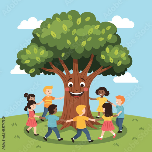 Children Playing Around Tree.