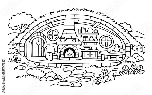 Cozy hobbit hole interior with fireplace and round door, a charming dwelling