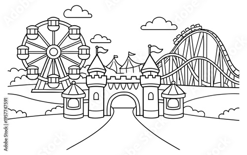 Whimsical amusement park scene with a castle gate, Ferris wheel, and roller coaster
