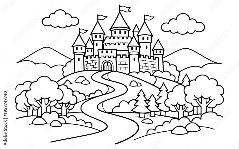 Obraz premium Whimsical cartoon castle on a hill with a winding road and trees