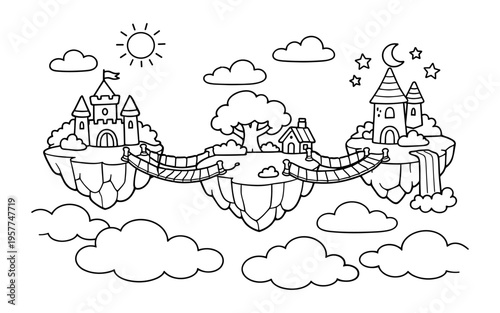 Whimsical floating islands with castles and bridges in a cartoon style
