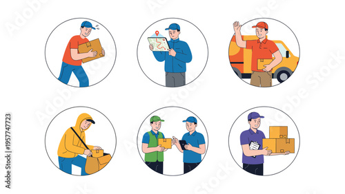 Professional delivery service workers handling packages and parcels. Courier, shipping, logistics, and e-commerce concepts vector illustration set.